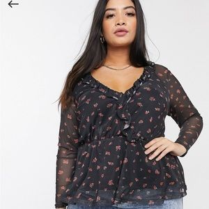NEW LOOK CURVE | Mesh Ruffle Peplum Top in Black Floral Size 18